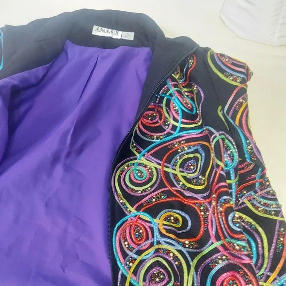 ANAGE Black Cotton Jacket Women's L Colorful Swirl Beaded‎ Embroidery Full Zip